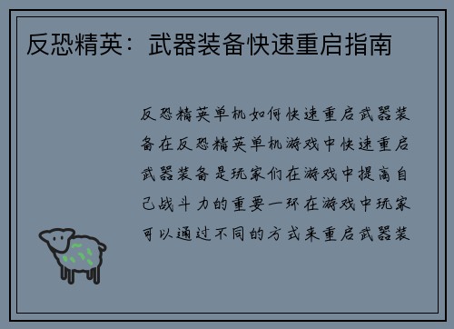 反恐精英：武器装备快速重启指南